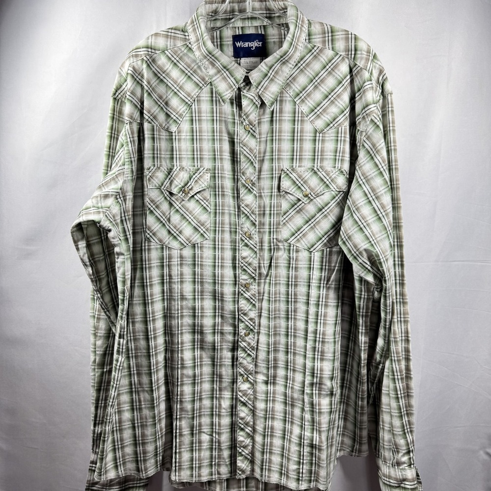 Wrangler Shirt Mens XL Green Plaid Western Pearl‎ Snap Long Sleeve Rodeo Cowboy
